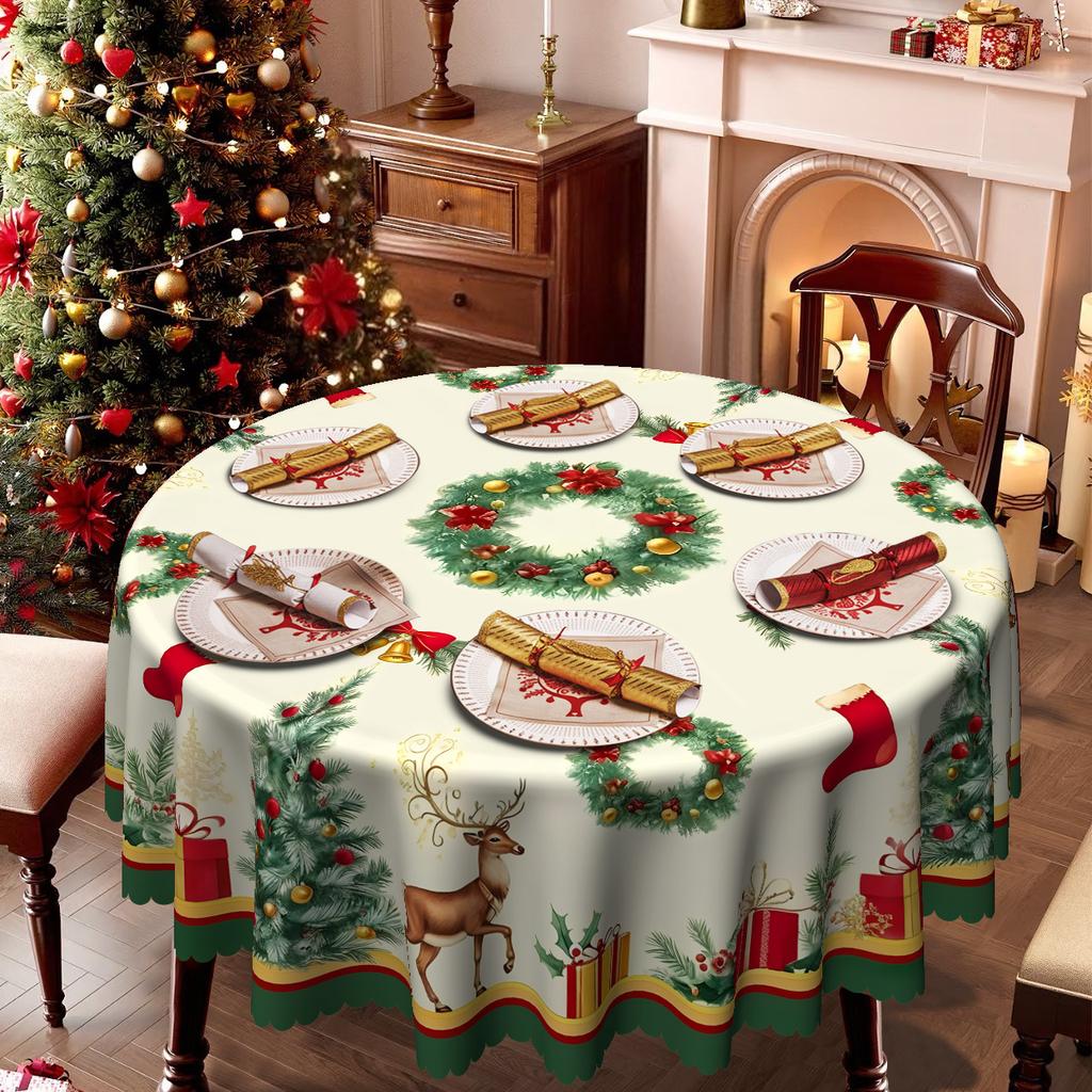 Christmas Tablecloth Bell Flower Print Waterproof Tablecloth Party Coffee Table Tablecloth, Holiday Decorative Tablecloth