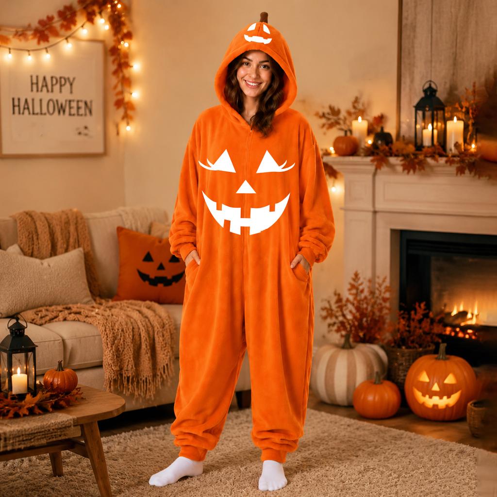 Women's Flannel Pajama Jumpsuit with Halloween Print for Cozy Lounging