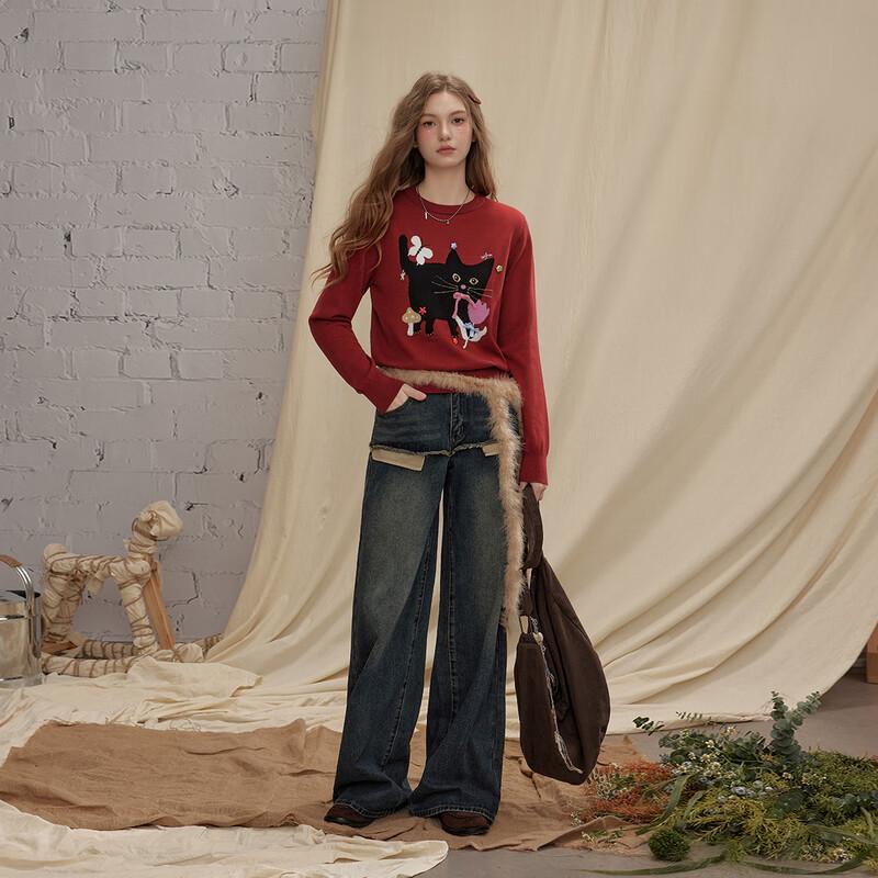 unifree Kitty Jacquard Color-Block Round Neck Sweater
