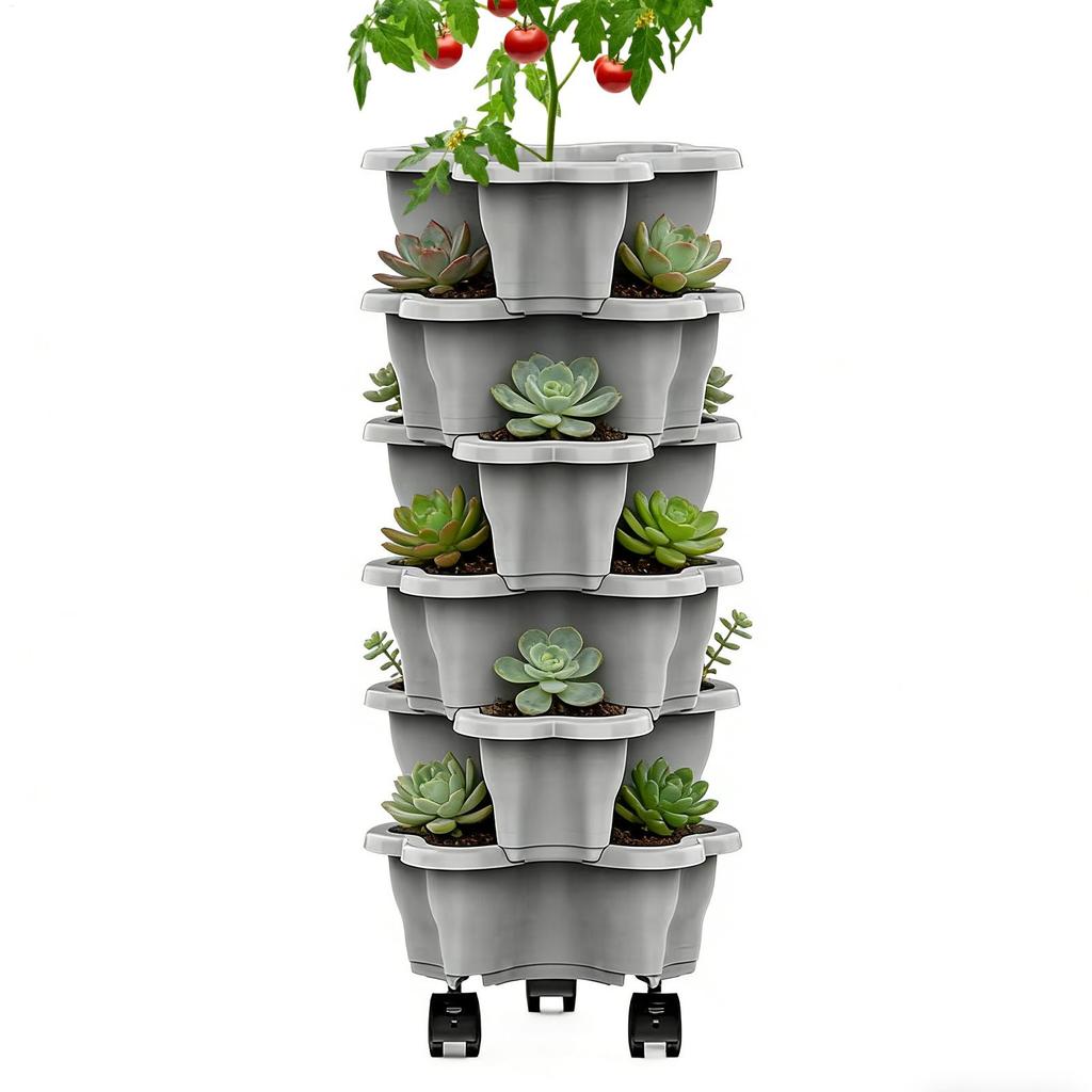 Neuer Vertikaler Turm Stapelbarer Blumentopf Mehrschichtiger Kunststoff-Blumentopf mit Beweglichen Rollen Erdbeerpflanzgefäß Turm Hausgarten
