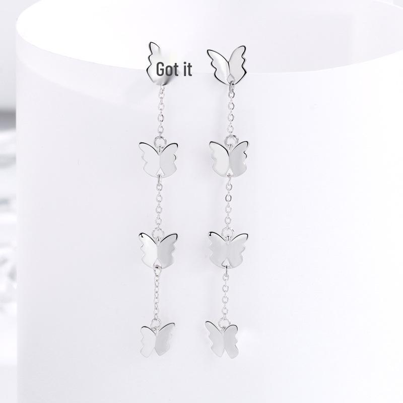 Fluttering Butterflies Sterling Silver Tassel Earrings - Sweet, Creative, Niche Fashion Dangles 925 Silver