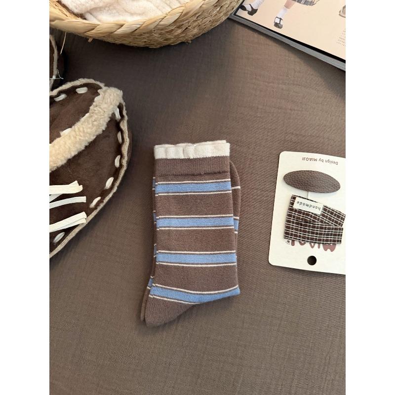 Ladies Autumn-winter Thick Warm Striped Double Collar Wool Medium Tube Pile Socks