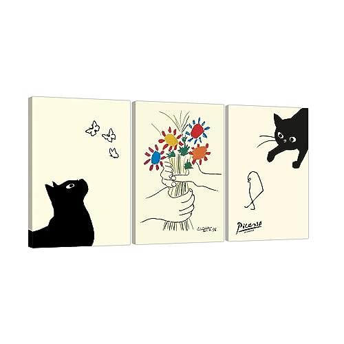 Picasso Cat Painting: Cat and Flowers of Friendship, 3 Panel Art Poster, Decorative Painting for Living Room, Sofa Background, Wall Decor, Framed (30x