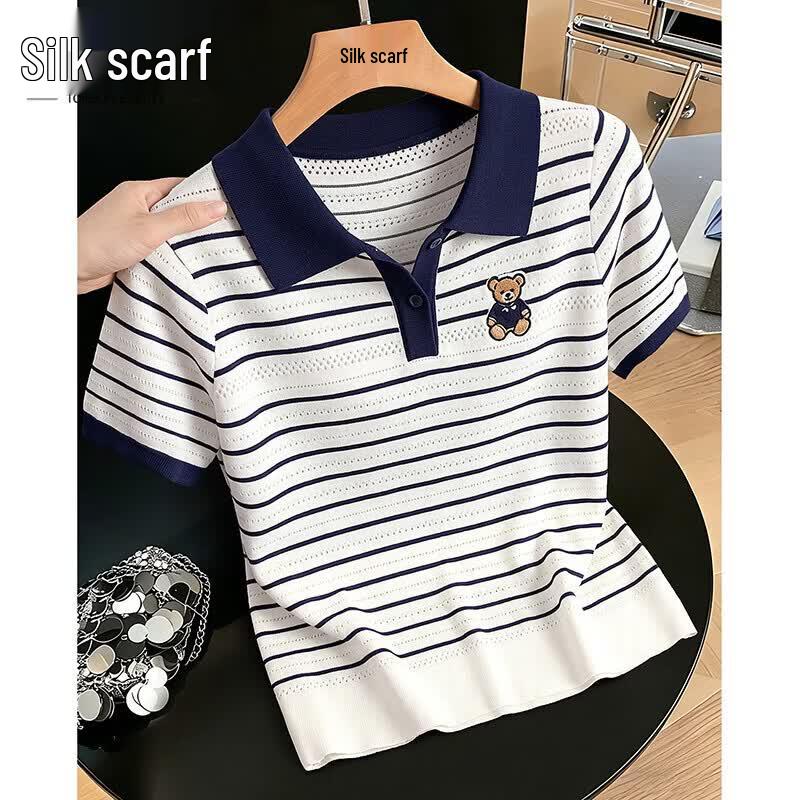 SIBASHE Women s Cartoon Stripe Contrast Knitted Polo Top One Size