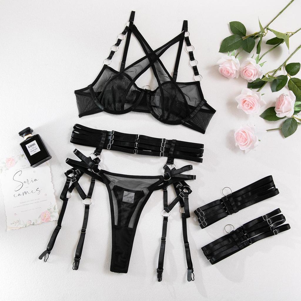 European & American Mesh Strappy Underwire Push-up Lingerie Set with Metal Ring & Bandage Waist Cincher