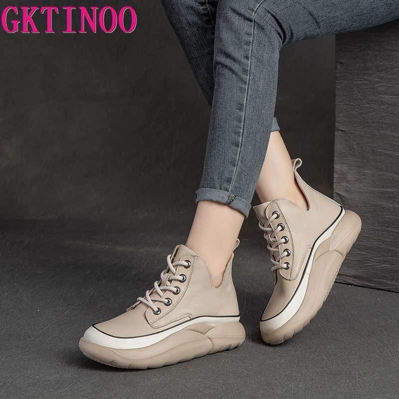 Fashion GKTINOO Genuine Leather Shoes Women Boots Lace-up Mixed Colors Round Toe 2025 New Leisure Sewing Handmade Platform Boots