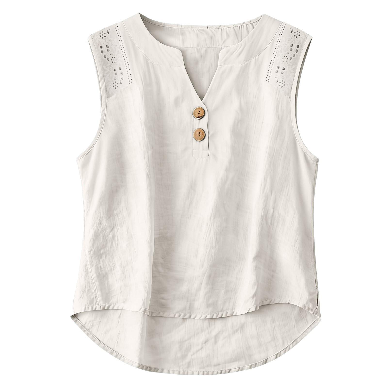 Women s Floral Sleeveless Linen Casual Shirt Top XL белый
