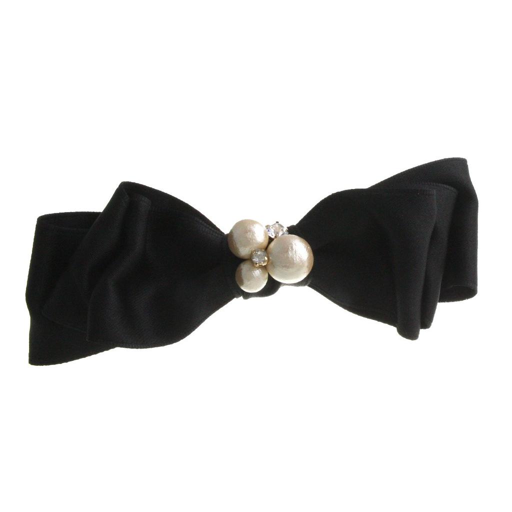 VINGTAINE Cotton Pearl Bijou Satin Ribbon Barrette Elegant Office 3D Hair Accessory Kiska [Vantaine] H-992-BK-