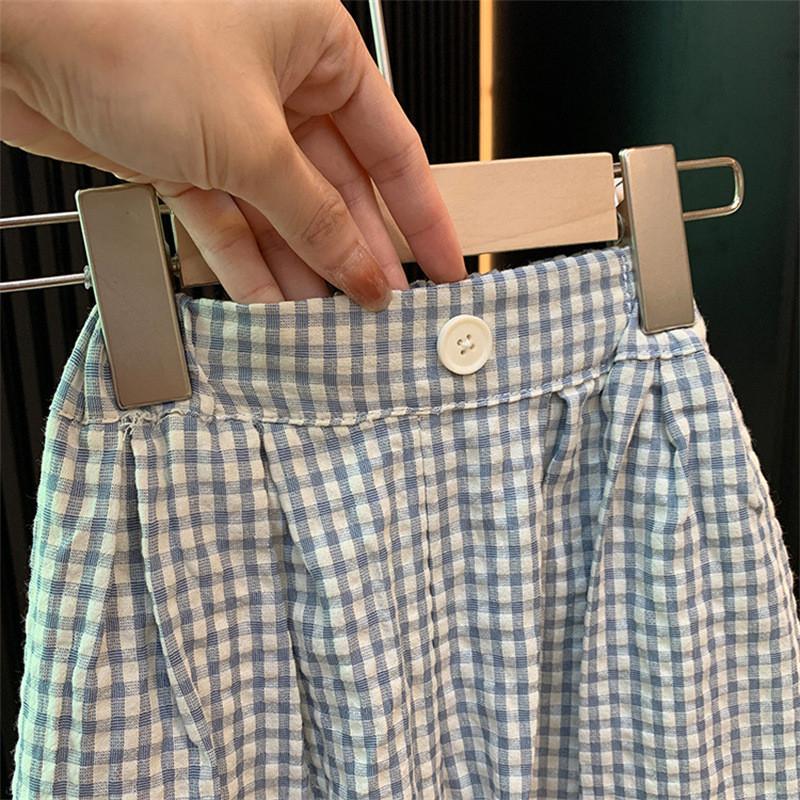 

Adorable Girls Outfit Summer 2024 Korean Style Embroidered Doll Shirt And Checkered Wide Leg Pants Set For Kids Aged 3 To 8 Checkered Pants,140