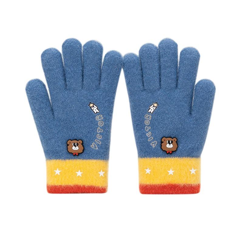 Autumn and winter cartoon cute boy bear knitted finger thickened cold-proof primary school students wool children's warm gloves