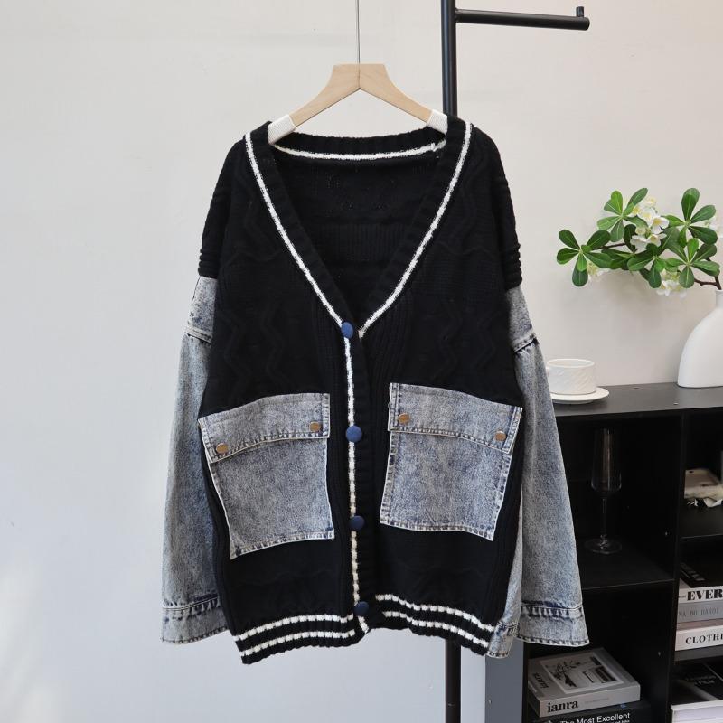 Autumn and winter new medium and long denim splicing knitted cardigan loose design sweater jacket women