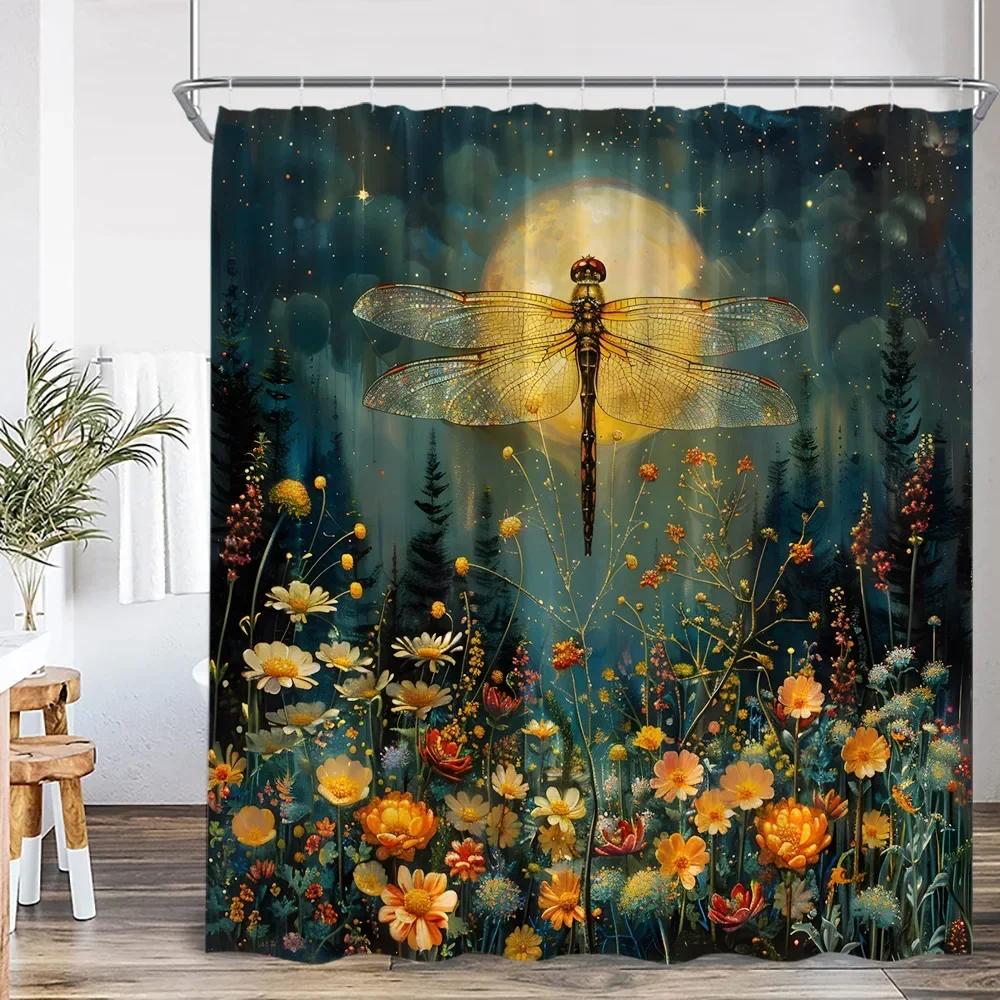 Jessica Chen Vintage Butterfly Floral Shower Curtain Dragonfly Flower Moon Plant Skull Witch Magic Shower Curtain Bathtub Decoration