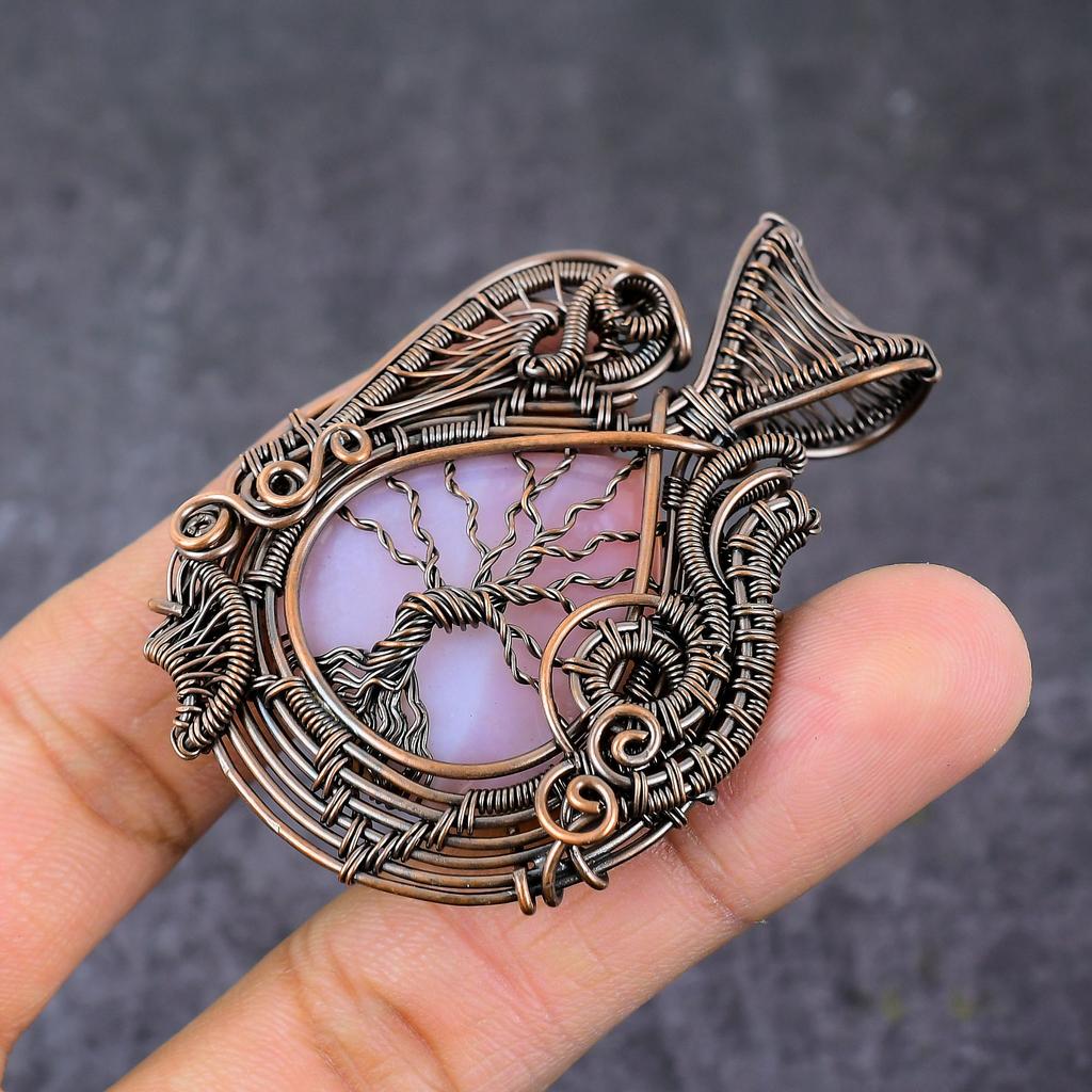 Natural Rose Quartz Handmade Copper Wire Wrap Tree Of Life Pendant 2.56" K8a22