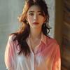 2025 New Unique and Beautiful Design Sense Summer Pink and White Gradually Changing Color Shirt for Women's Niche Age Reducing Top