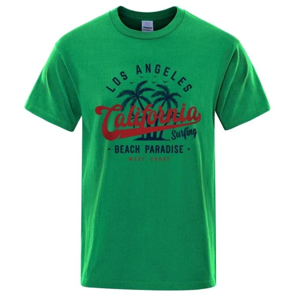Camiseta de algodão gola redonda maskulina, topy de verão, roupas respiráveis, Los Angeles California Beach Paradise Fashion