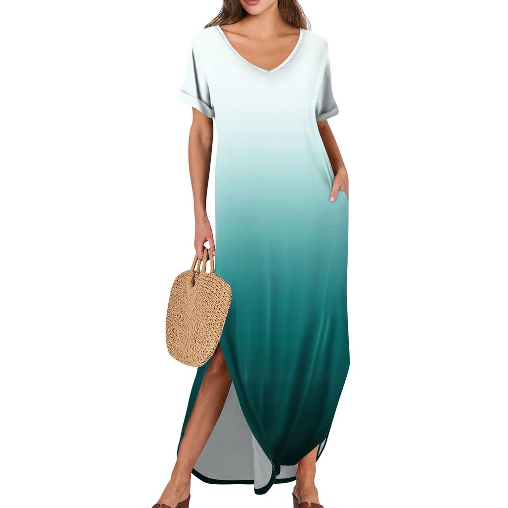 Women Summer Casual Loose  V Neck Short Sleeve Beach Maxi Long Dresses Trendy Outfits