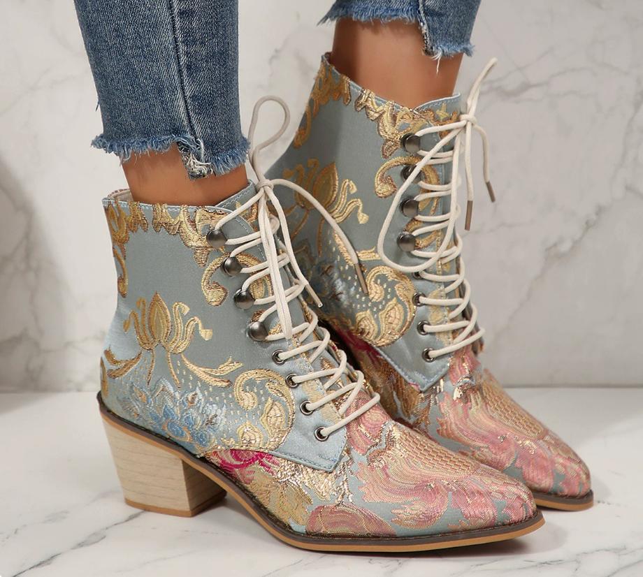 VANGULL Women Silk Boots Martin Ankle Boots Autumn Winter Embroider Womens Boots Lace Up Shoes Woman