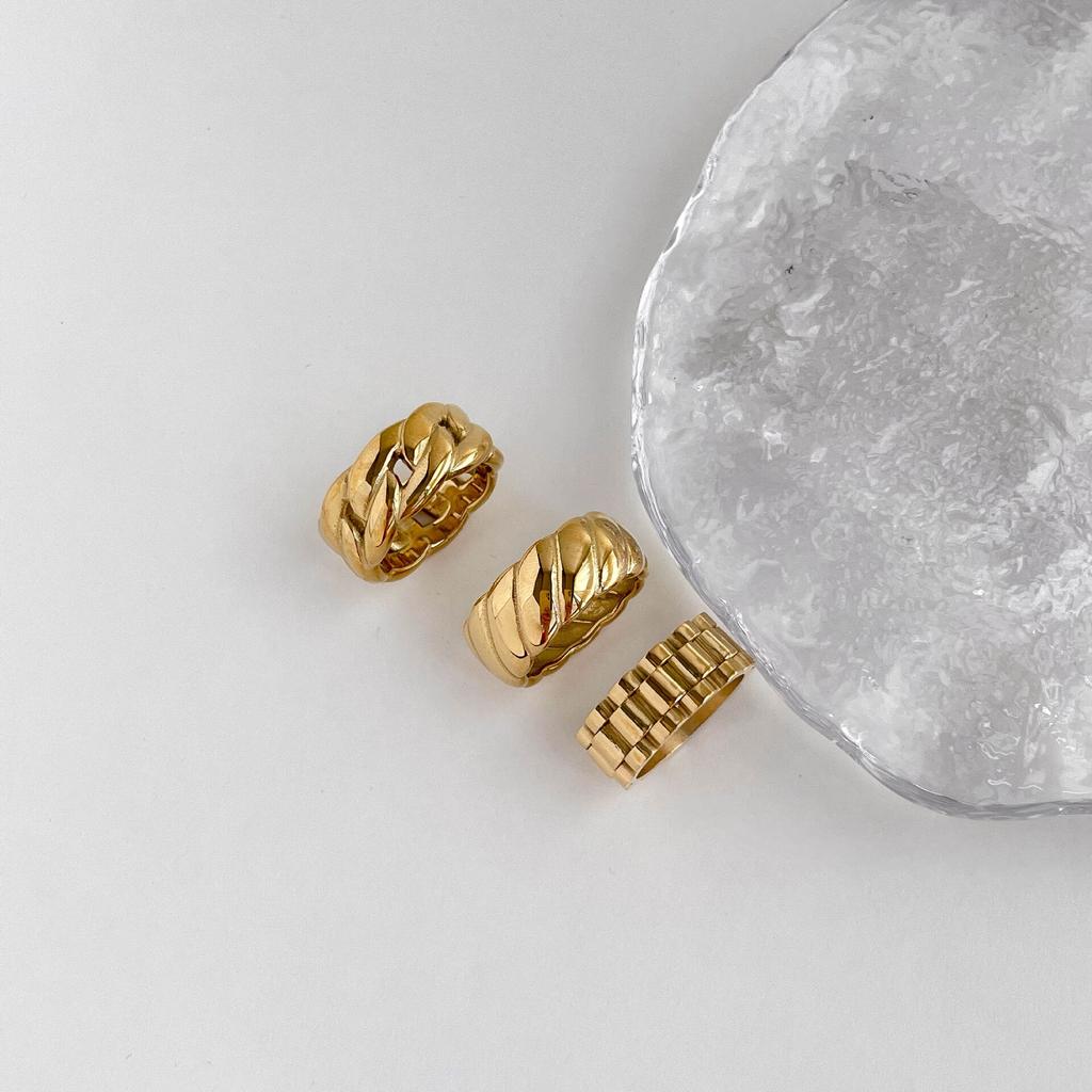 Gold Plated 316L Stainless Steel Stylish Watchband Rings For Women Chain Twist Chunky Finger Rings Waterproof Jewelry Gift