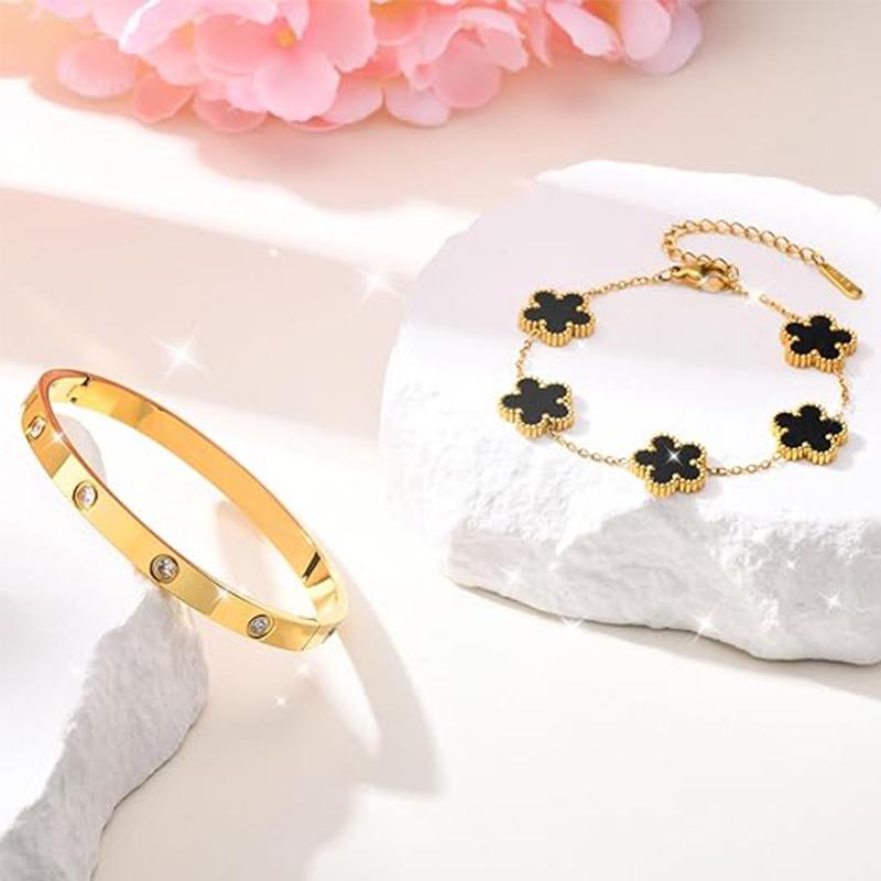 2PCS/set Stainless Steel Bracelet Clover Bracelets Woman Stacking 18K Gold Plated Tennis Bangle Fashion Jewelry Christmas Gifts