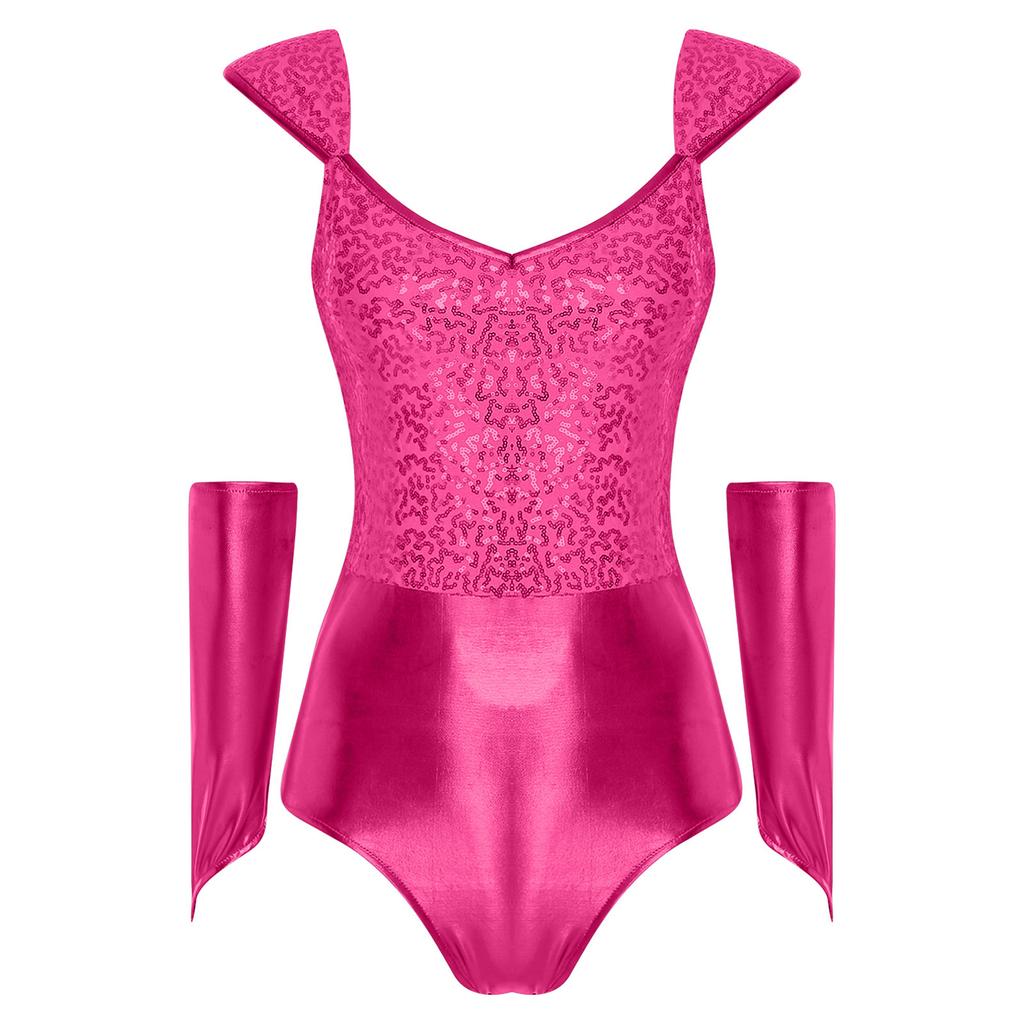 Womens Glitter Bodysuit Sequin Metallic Shiny Removable Sleeves Patchwork Slim Fit Leotard Clubwear Halloween Costume