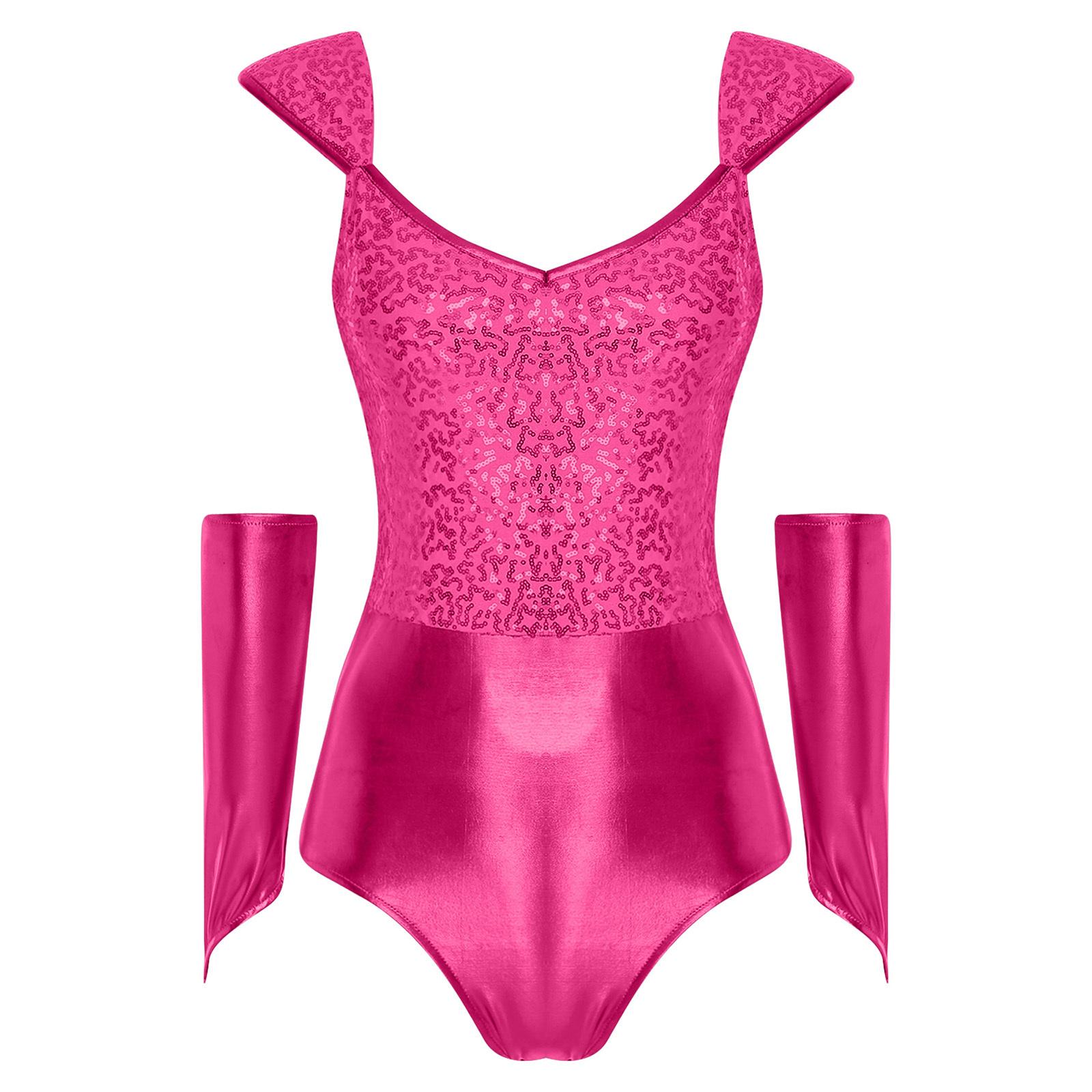 

Жіночий блискучий боді з паєтками, металізований, блискучий, зі знімними рукавами, печворк, облягаючий леотард, клубний одяг, костюм на Хелловін S гарячі рожевого кольору