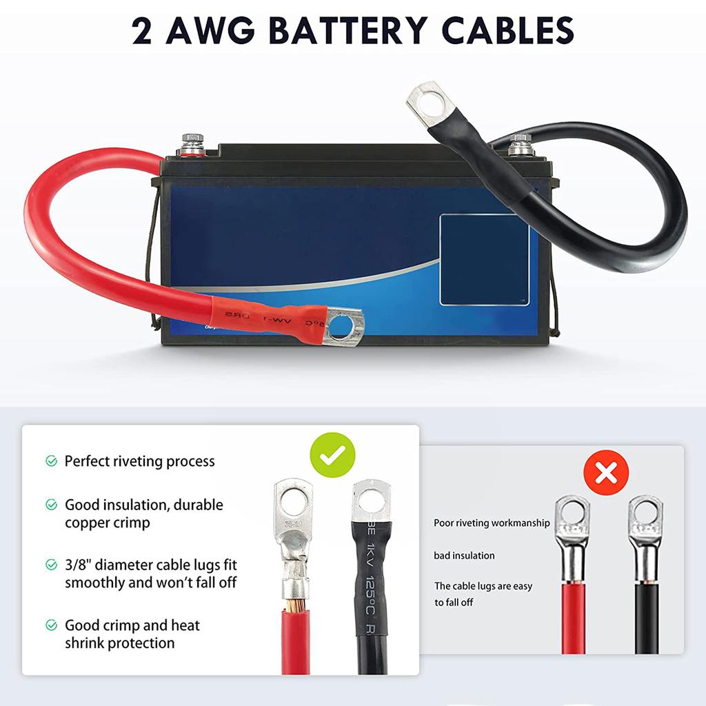 Battery Inverter Cable 2AWG Stranded Copper Wire Connector with 3/8inch Lugs Gauge Battery Cable for Car Marine Solar RV Boat