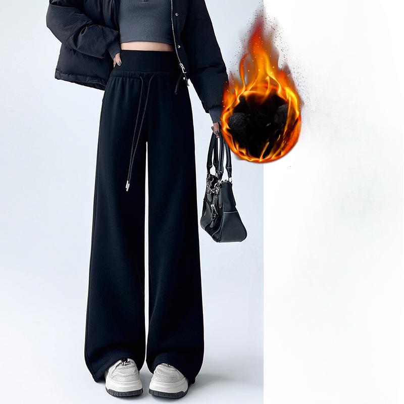 Gray Double Waist Wide-leg Pants for Women In Autumn and Winter Plus Velvet Thickened Loose Casual High Waist Drape Straight Sports Pants