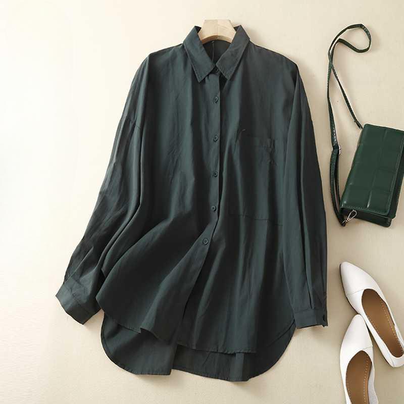 

Весна Осень Повседневная однотонная рубашка из хлопка и конопли Fat Mm с длинным рукавом и воротником большого размера с льняным верхом Блузки и рубашки 2XL зелёный
