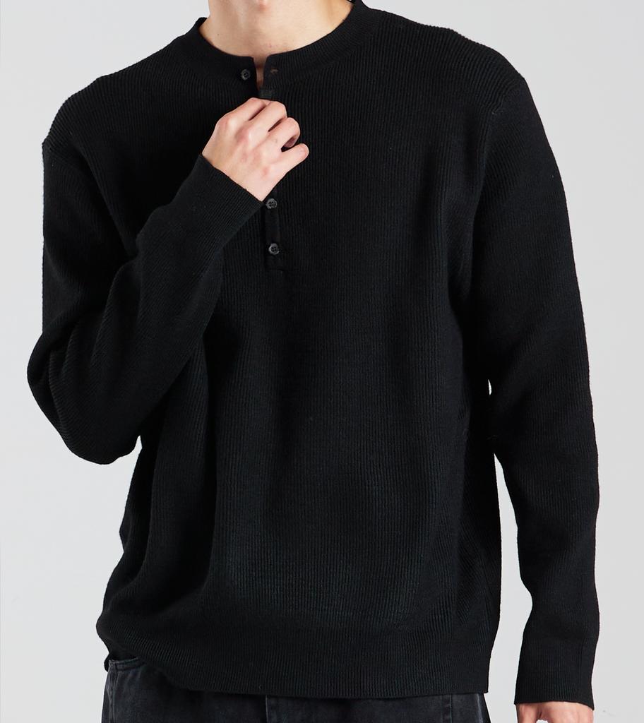 Beoteunseoul 5-Button Henley Neck Long Sleeve Knit (Black)