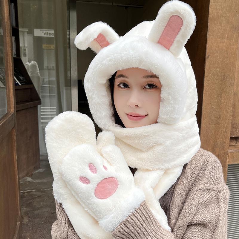 Women's Winter Rabbit Plush Hat, Scarf & Gloves Set - Cute, Thick, and Windproof.