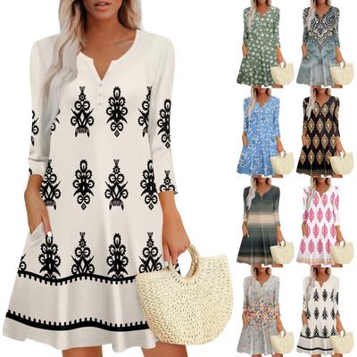 Women's Summer Dress Loose V Neck Three-quarter Sleeve Sundress With Pockets Dress