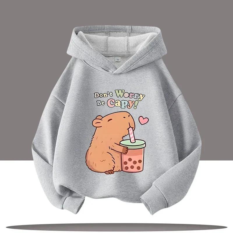 Jesienno-zimowa ciepła bluza z kapturem dla dzieci, pulower z kapibarą, bluza dla chłopców i dziewcząt, casualowy top dziecięcy z kreskówką