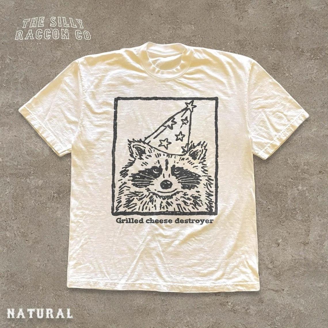 Retro raccoon-pattern shirt, funny large-sized cheese destroyer T-shirt XXXXL