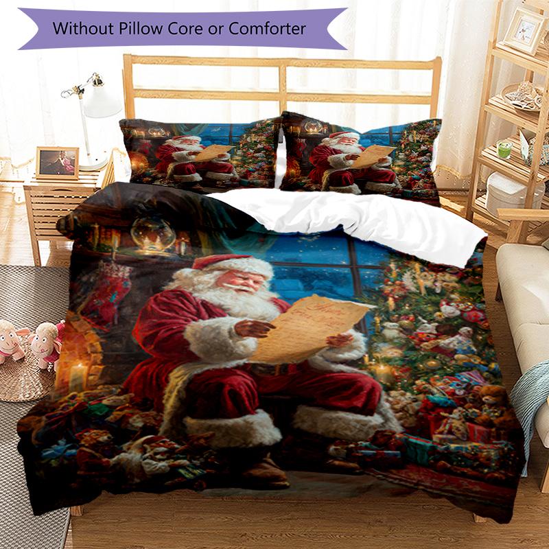 3pcs Christmas Santa Claus Bedding Set Duvet Cover Closure Includes 1 Duvet Cover & 2 Pillowcases, Soft and Comfortable for All Seasons.