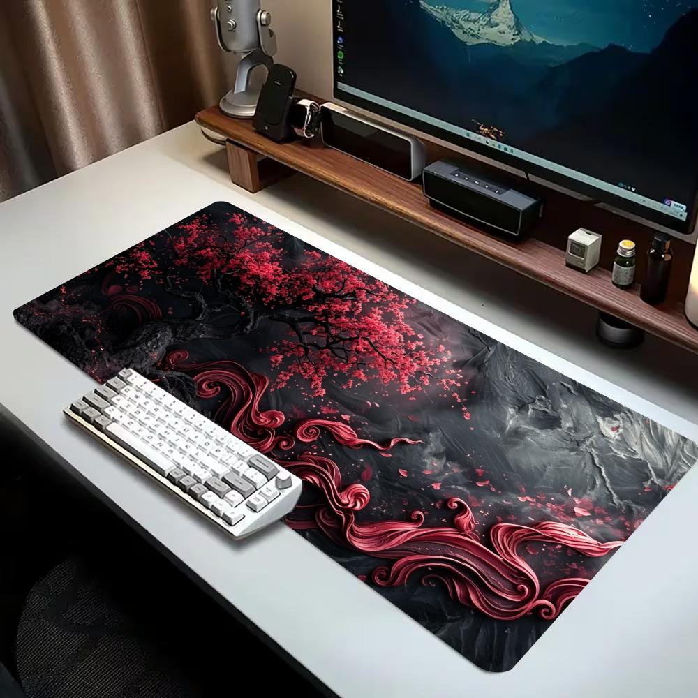 Übergroße Gaming-Schreibtischmatte Roter Drache Pflaumenblüten-Tuscheprint Rutschfeste Gummi-Verriegelungskanten-Matte für Laptop, Büro, Schreibtischzubehör
