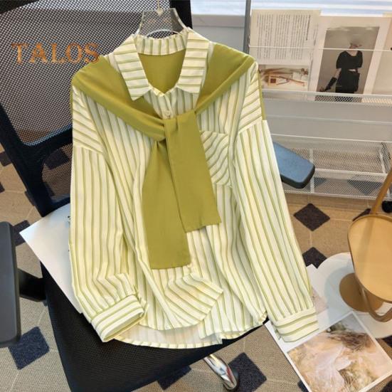 Dámská košile s dlouhým rukávem, vertikálně pruhovaným falešným dvoudílným designem, šálovými zády, volným střihem, knoflíky, topy