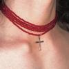 Y2k Subculture Sliver Color Cross Pendant Multi-layer Fold Wear Red Crystal Beaded Necklace for Women Men Collar Chain Jewelry