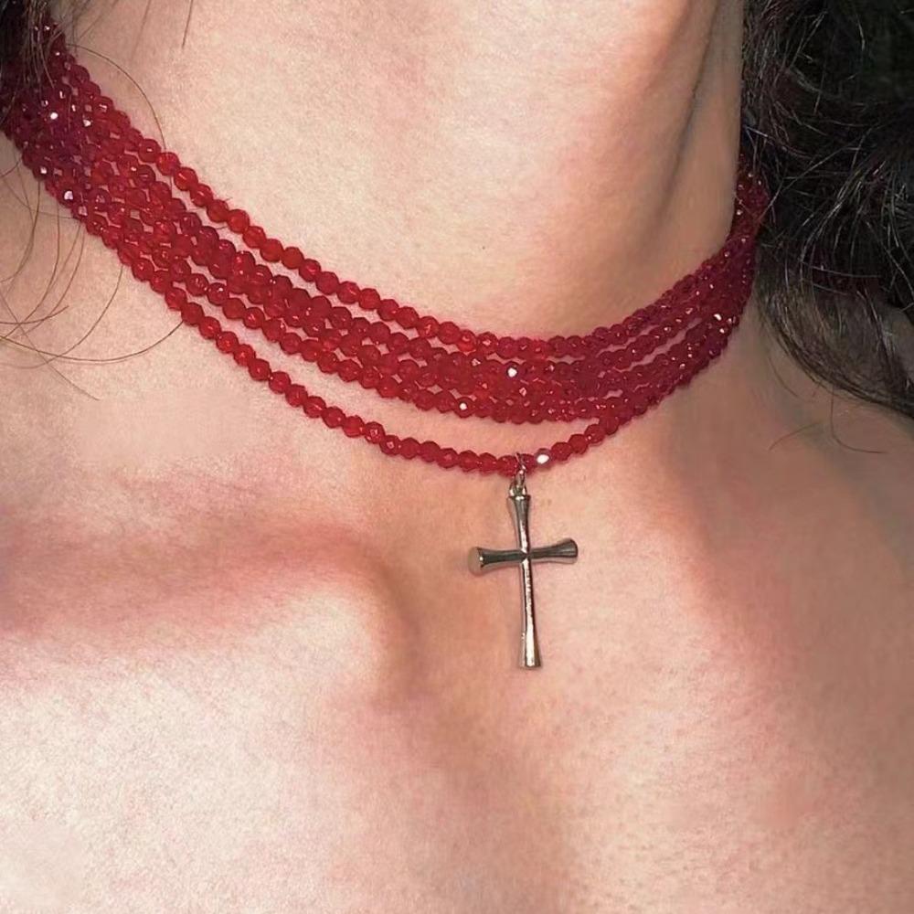 Y2k Subculture Sliver Color Cross Pendant Multi-layer Fold Wear Red Crystal Beaded Necklace for Women Men Collar Chain Jewelry