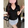 Snowflake Cotton Bow Embroidery V-neck Exposed Collarbone Cool T-shirt Women's Summer Slim-fit Spice Girl Short-sleeved Front Shoulder Short Top