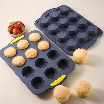 12 Gözlü Silikon Muffin Kalıbı, Saplı Yuvarlak Yapışmaz Cupcake Kalıpları, Muffin Kağıtları, Kekler İçin Pişirme Tepsisi