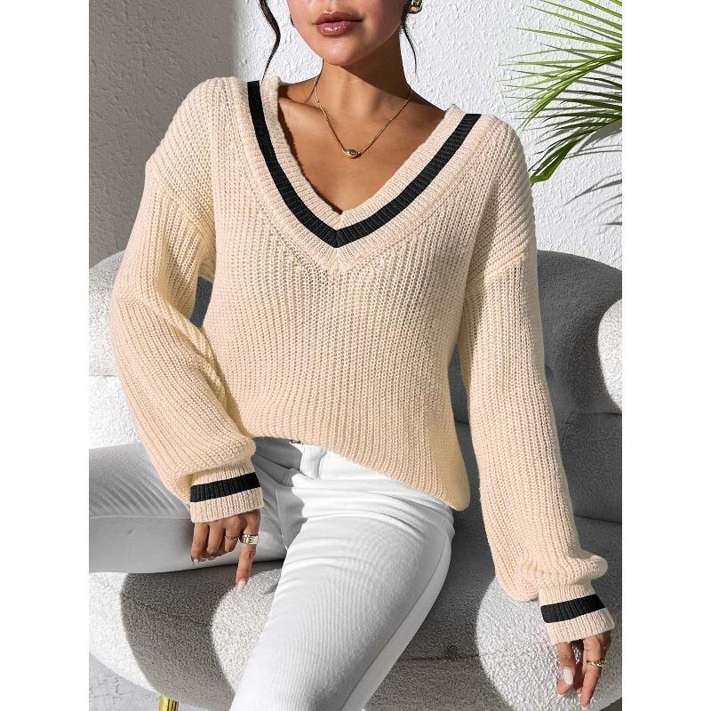 TIFICY Women's Fashion Casual Fall Winter Colour Block Print Long Sleeve V-Neck Sweaters