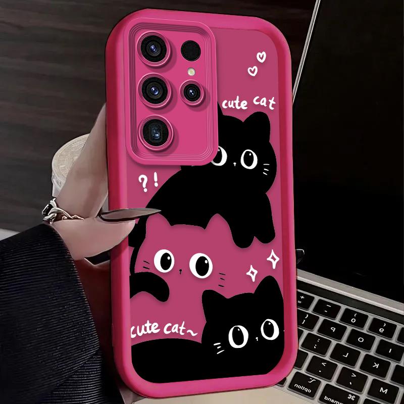 Cute Big Eyed Black Cat Phone Case for Samsung Galaxy S24 S25 S23 Ultra S22 S21 Plus FE A36 A56 A26 A16 A06 A15 A25 A35 A55 5G