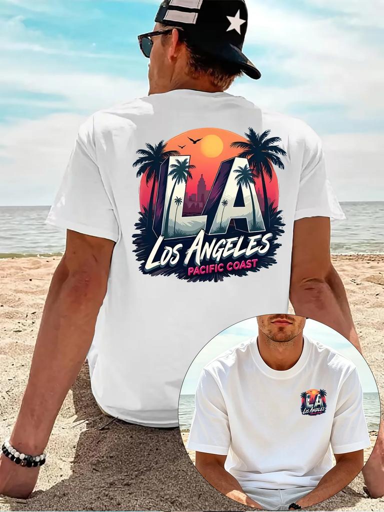 Men Los Angeles LA T Shirt Vintage California Beach Palm Tree Sunset Graphic Print Streetwear Casual Summer Short Sleeve Tee