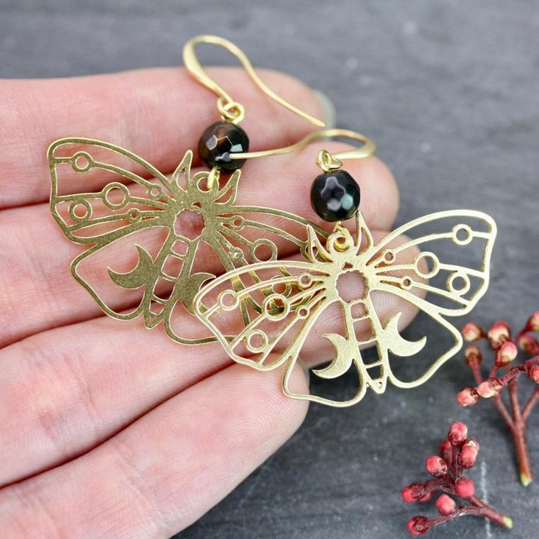 Vintage Hollow-out Butterfly Pendant Earrings Bohemian Moon Moth Ear Hooks Natural Stone Jewelry Accessory Gifts For Women Girls
