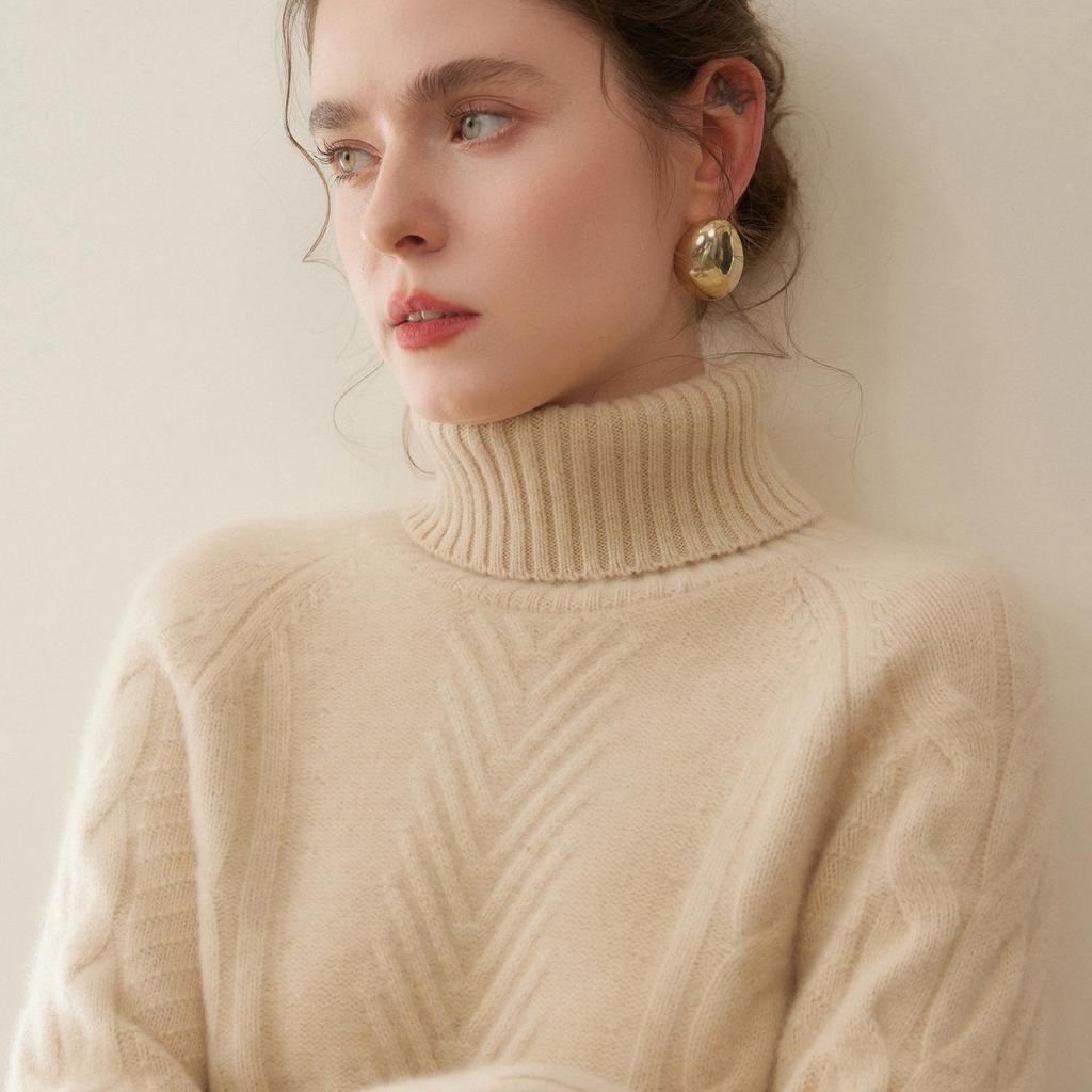 Elegant Women's High-Neck Cashmere Sweater: Double-Ply Thick, Large Cable Knit, Perfect for Autumn & Winter