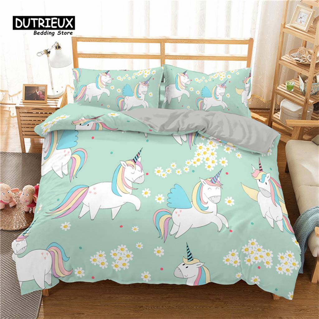 Girls Unicorn Flower Duvet Cover Cartoon Bedding Set Microfiber 3D Print Comforter Cover King Full For Kids Teen Bedroom Decor