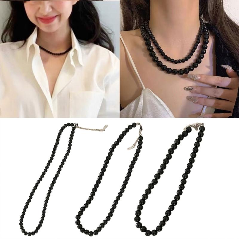 Bohemia Imitation Pearl Choker Necklace Long Black Pearls Necklace for Women