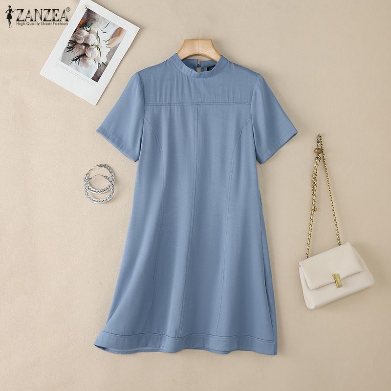 ZANZEA Women Casual Stand Collar Summer Short Sleeve Dress