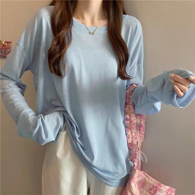 Summer Solid Long Sleeve T-shirts Women's Casual Loose Thin Slightly Transparent Sun Protection Cover Tops Tees Female
