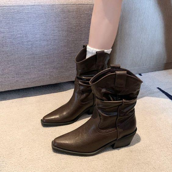 2025 Autumn and Winter New Fashion Square Head Thick Heel Sleeve Western Boots Fashion Temperament Heap Boots Versatile Short Boots Women